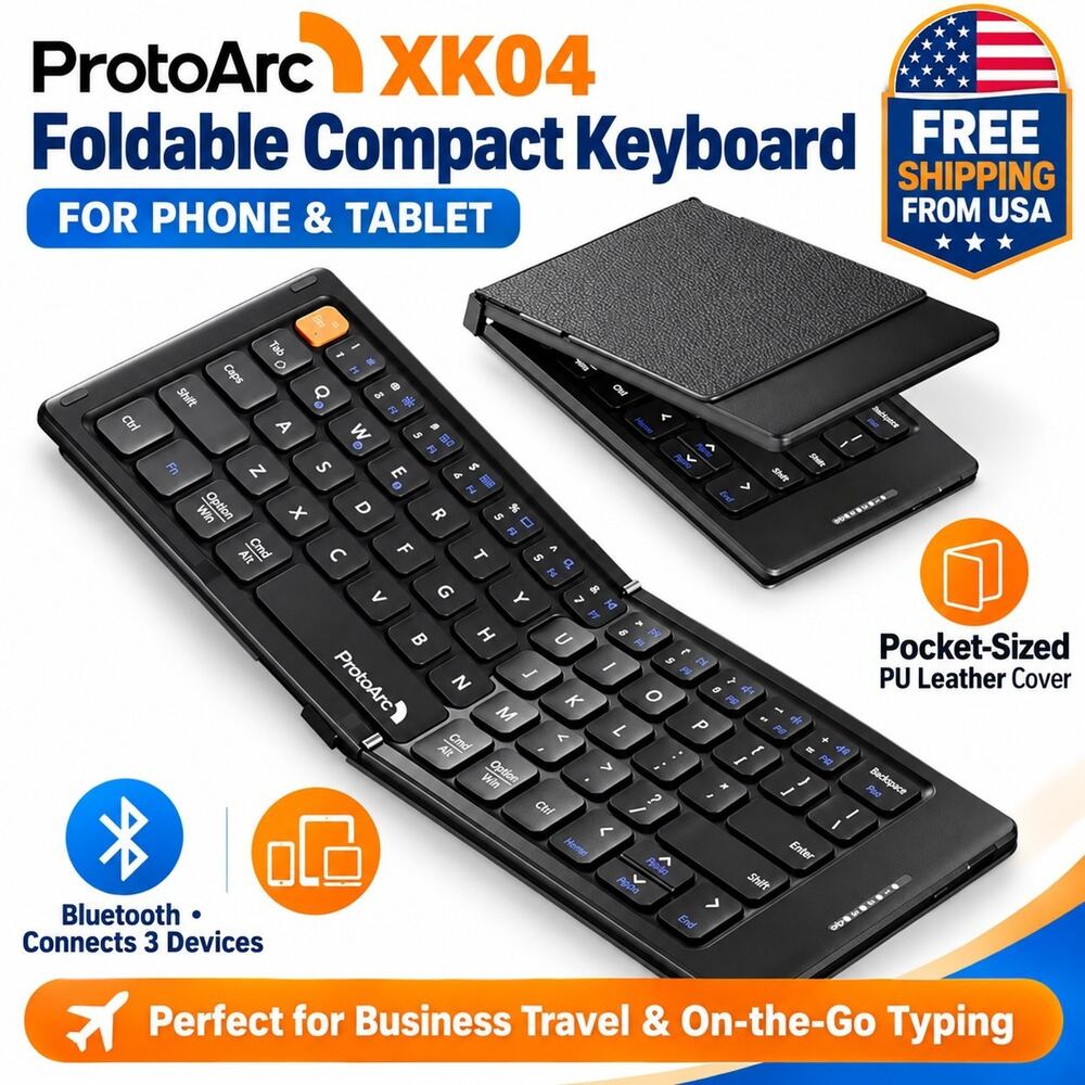 ProtoArc XK04 Foldable Bluetooth Keyboard 3-Device Phone Tablet Black